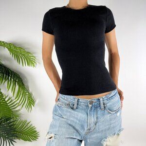 Womens H&M Basics Black Ribbed Short-Sleeve T-Shirt Casual Comfy Fitted Top / XS
